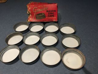 1 Dozen Vintage Antique Mason Zinc Caps W/ Porcelain Liners & Box