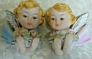 Vintage Norcrest Bradley Bisque Cherub Wall Plaques Porcelain Angels