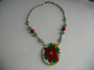 Vintage Lee Sands Mother Of Pearl Inlay Poinsettia Flower Beaded Necklace