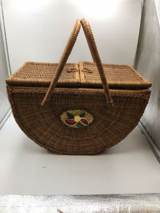 Vintage Large Woven Wicker Picnic Basket 2 Handles Rounded Bottom Lined