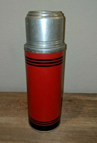 Vintage American Thermos B2210 Small Short Red Black Stripes Metal Thermos