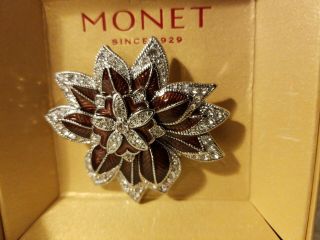 Monet Vintage Red Enamel Rhinestone Poinsettia Flower Brooch Pin Box Holiday