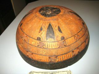 Tribal Bowl / Wall Art Antique Vintage Hand Carved Wood Burned Design Gourd