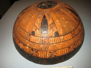 TRIBAL BOWL / WALL ART Antique Vintage Hand Carved Wood Burned Design Gourd 3