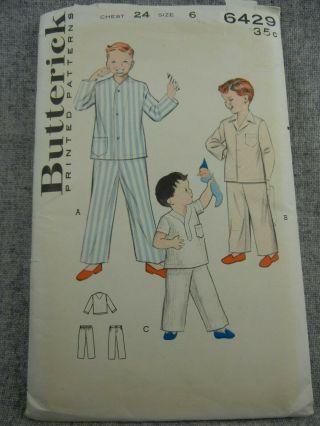 Butterick 6429 Boys Size 6 Pajamas In 3 Styles Vintage Pattern 1953 Factory Cut