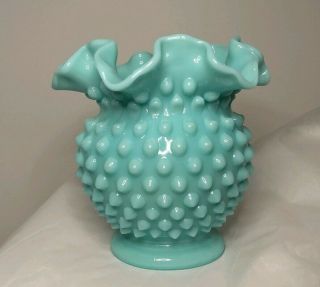 Vintage Fenton Turquoise Hobnail Rose Bowl Ruffle Vase 4 1/4 " Tall