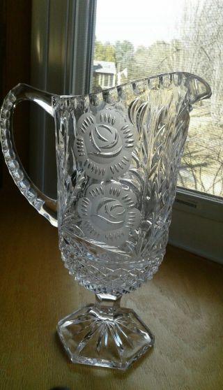Vintage Lead Crystal Pitcher Footed W/etched Frosted Roses
