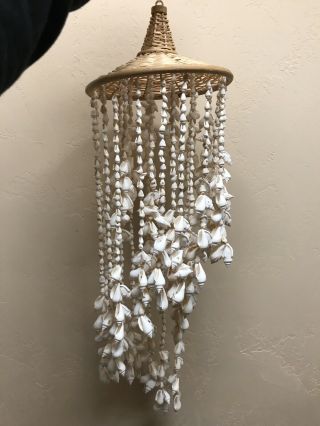 Vintage Wicker Wind Chime With Seashells 21” Longest Point Fast Ship