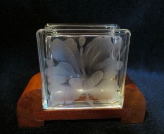 Hawaii Vintage Etched Glass Mini Block Vase On Stand Hibiscus 3 1/4 " X 3 1/4 "