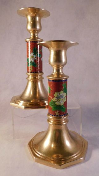 Set Of 2 Vintage Chinese Brass & Cloisonne - Style Candle Holders Floral Design