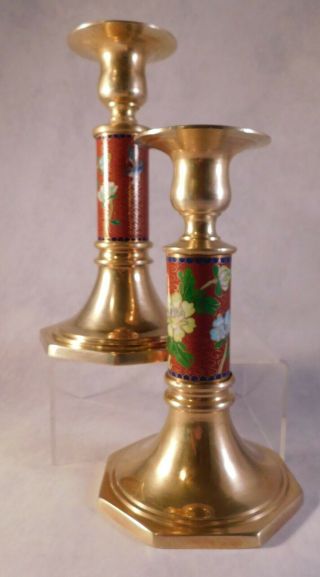Set of 2 Vintage Chinese Brass & Cloisonne - Style Candle Holders Floral Design 2
