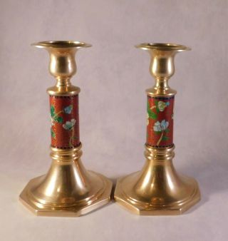 Set of 2 Vintage Chinese Brass & Cloisonne - Style Candle Holders Floral Design 3