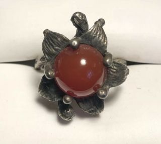 Vintage Folk Art Sterling Flower Ring With Deep Blood Red Stone Size 6