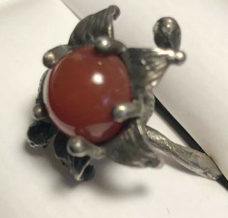 Vintage Folk Art Sterling Flower Ring With Deep Blood Red Stone Size 6 2