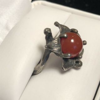Vintage Folk Art Sterling Flower Ring With Deep Blood Red Stone Size 6 3