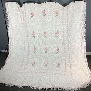 Vintage Penneys White Pink Floral Chenille Bedspread Full/double Size // Flawed