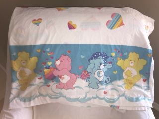 Vtg Care Bears Flat Bedding Twin Bed Sheet Fabric Rainbow Hearts Bedtime Bear,