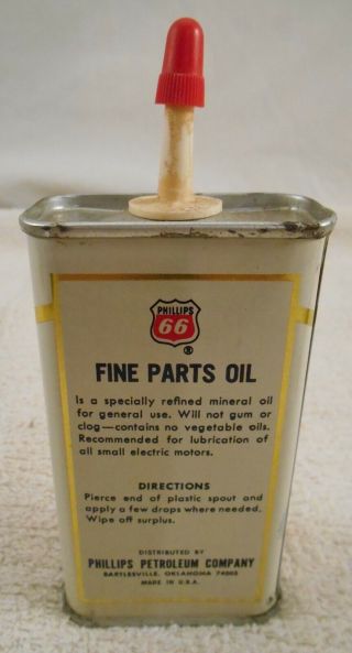Vintage PHILLIPS 66 Fine Parts Oil metal tin 4oz Can plastic spout 3
