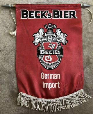 Vintage “beck’s Bier” Red Satin Beer Flag Banner On Rod With Fringe (26”x20”)