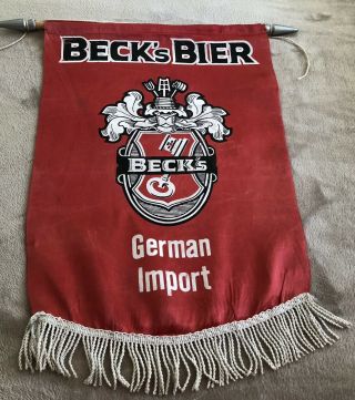Vintage “BECK’s BIER” Red Satin Beer Flag Banner on Rod with Fringe (26”x20”) 2