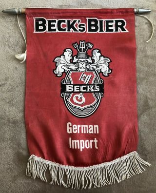 Vintage “BECK’s BIER” Red Satin Beer Flag Banner on Rod with Fringe (26”x20”) 3