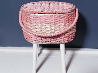 Vintage Dritz Woven Wicker Round Pink Sewing Basket On Legs W/tray