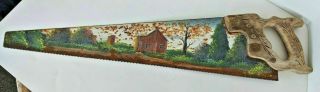 Vintage Handpainted 29 " Hand Saw Country House Fall Scene Wood Handle Wall Decor