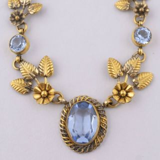 Vintage 1940’s - 50’s Art Deco Revival Blue Glass Flower Filigree Necklace
