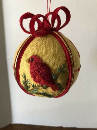 Vintage Hand Embroidered Fabric Christmas Ball Ornament Birds And Geometric