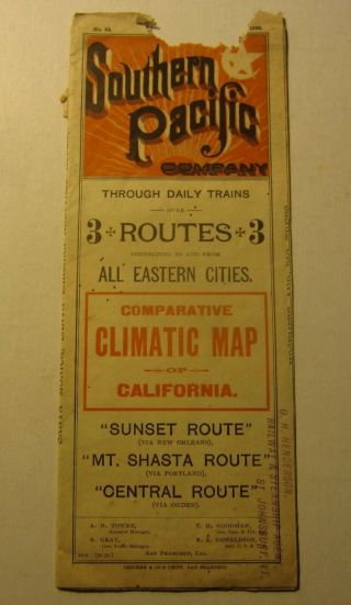 Old 1890 Southern Pacific Railroad Climatic Map Of California - As - Is