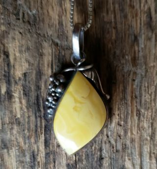Vtg Russian Yellow Amber Necklace Sterling Silver Butterscotch Egg Yolk Pendant