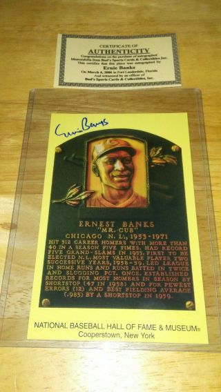 Ernie Banks Signed Yellow Hof Plaque Postcard Autographed Auto Chicago Cubs