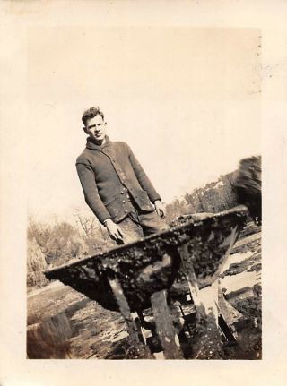 Hard At Work,  Man Behind A Wheelbarrow,  Vintage Photo Snapshot