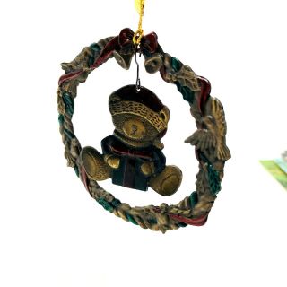 Russ Berrie vintage Christmas Ornament Santa Teddy Bear dangly wreath metal 2