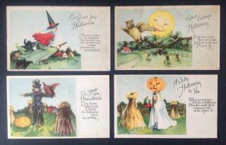 Vintage Halloween Postcards (4) Series 6071 - Witch,  Scarecrow,  Owl,  Jol Ghost