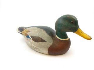 Vintage Hand Carved Wooden Mallard Duck Decoy Glass Eyes Signed On Bottom 1985