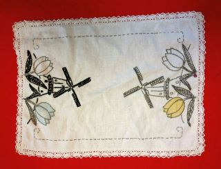 Vintage 15” Hand Embroidered Dutch Windmills Tulips Dresser Scarf Doily