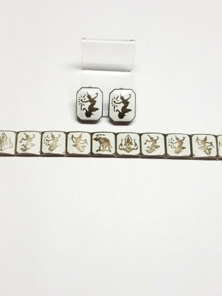 Vintage Siam Sterling Silver Enamel Mekkala Link Panel Bracelet & Earrings Read