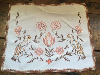 Vintage Doily Table Runner Dresser Scarf Cotton With Embroidered Birds Flowers