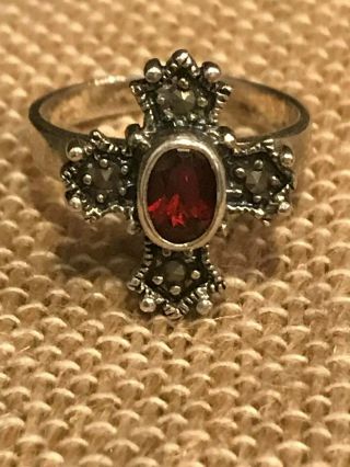 Vintage Sterling Silver Marcasite And Garnet Cross Ring - Size 4 1/2