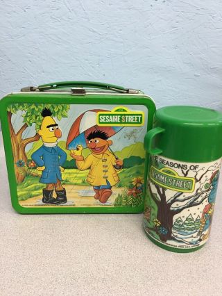 1983 Sesame Street Metal Lunch Box - Vintage - Includes Thermos - Aladdin