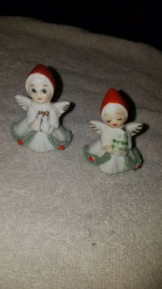 Vintage Napco Miniature Christmas Angels With Spaghetti Trim,  Set Of 2