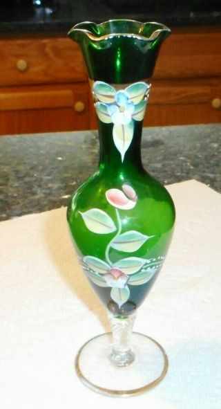 Vintage Bohemian Green Bud Vase W Applied Flowers - 8 Inches