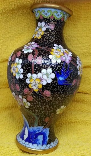 Vintage Cloisonné Gilt Brass Vase Handmade Floral 7inch