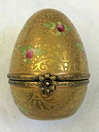 Vintage Limoges Gold & Floral Hinged Porcelain Trinket Egg Box Signed By Artist