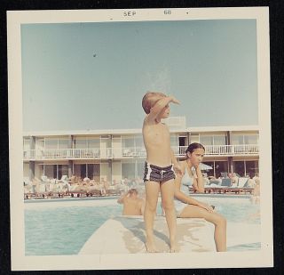 Vintage Photograph Little Boy Standing By Mom On Board In Pool