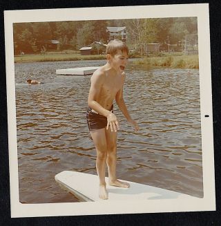 Vintage Photograph Little Boy Standing On Diving Board In Water