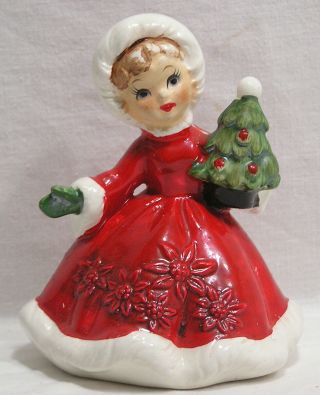 Vtg Lefton Christmas Shopper Girl W Tree Figurine Embossed Poinsettias 1950s