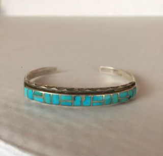 Vintage Navajo Turquoise Inlay Sterling Silver Cuff Bracelet