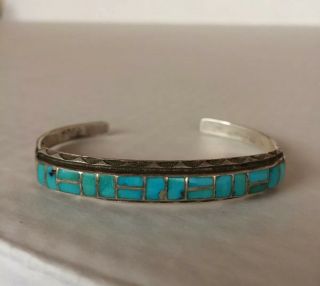 Vintage Navajo Turquoise Inlay Sterling Silver Cuff Bracelet 2